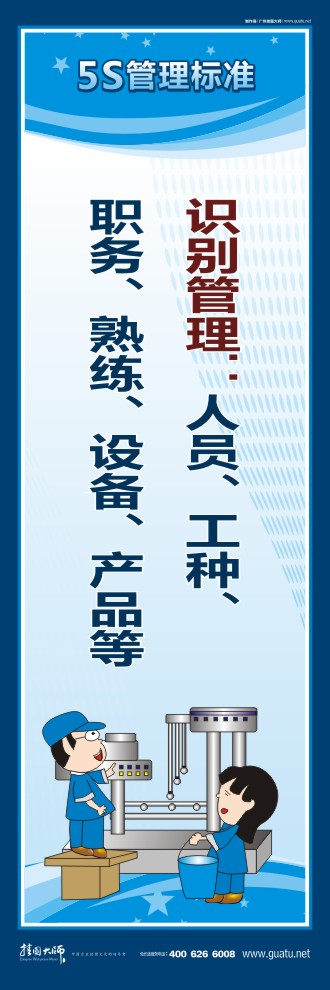 關于5s的標語 識別管理：人員、工種、職務、熟練、設備、產品等