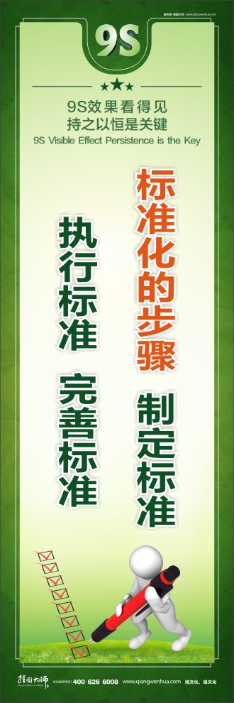 9S標(biāo)準(zhǔn)化的步驟：制定標(biāo)準(zhǔn)、執(zhí)行標(biāo)準(zhǔn)、完善標(biāo)準(zhǔn)